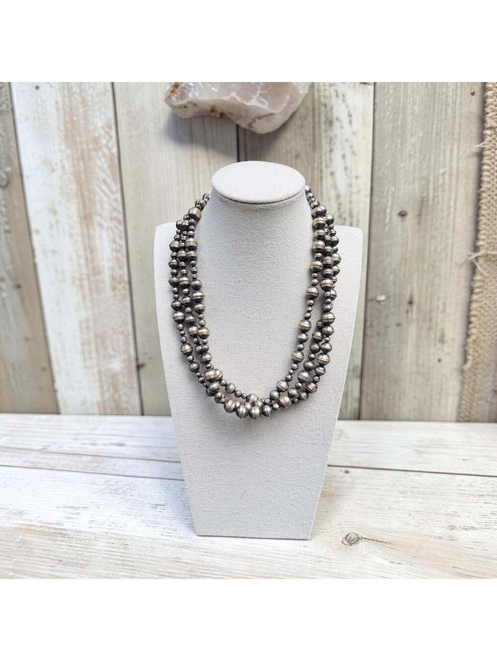 Triple Strand Navajo Bench Bead Necklace – 18" | 5–10mm Sterling Pearls